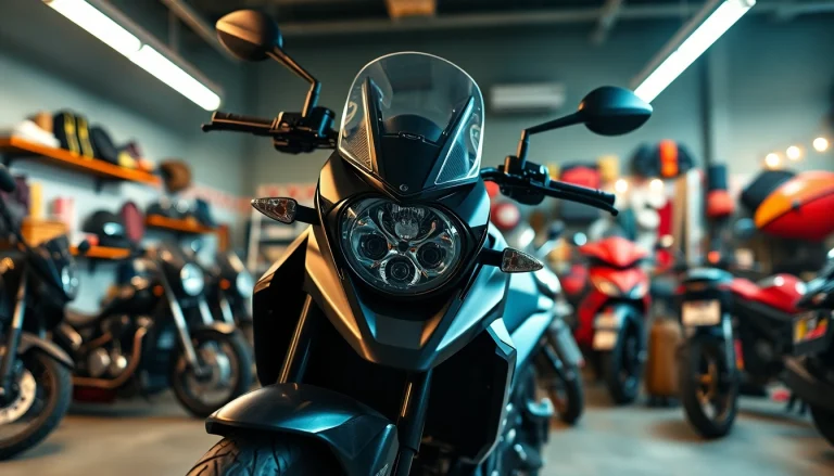 Motorrad teile in einer stilvollen Garage, mit glänzenden Komponenten und einem modernen Motorrad im Vordergrund.