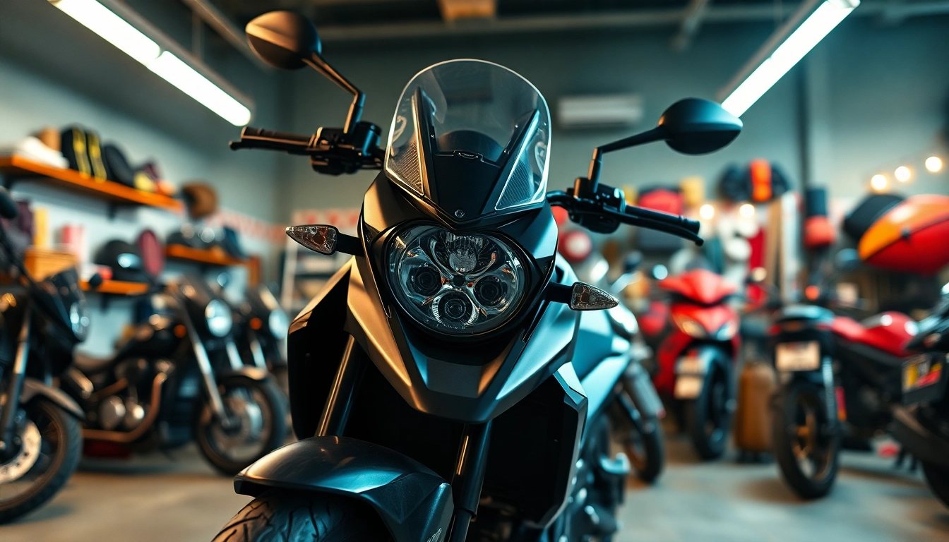 Motorrad teile in einer stilvollen Garage, mit glänzenden Komponenten und einem modernen Motorrad im Vordergrund.