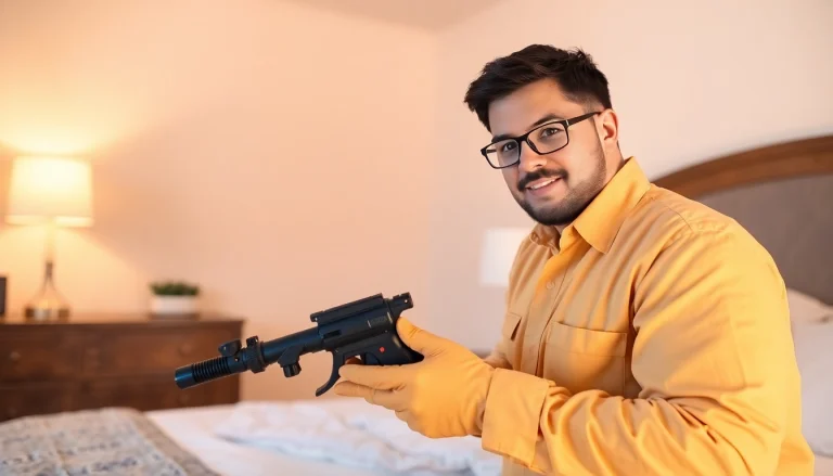 Exterminator performing bed bug control techniques in a tidy bedroom with modern pest control tools.
