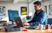 Riparazione pc torino: Tecnico informatico lavora su un laptop in un ambiente moderno e professionale.