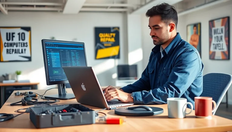 Riparazione pc torino: Tecnico informatico lavora su un laptop in un ambiente moderno e professionale.