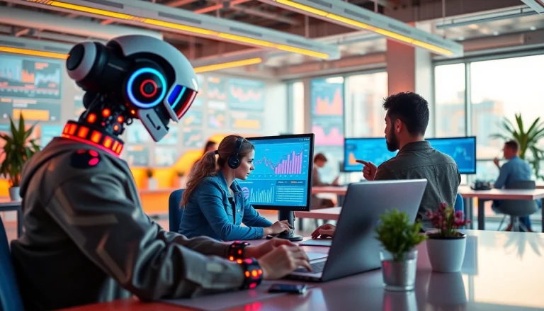 AI marketing agents optimizing digital strategies with real-time data analysis in a collaborative workspace.