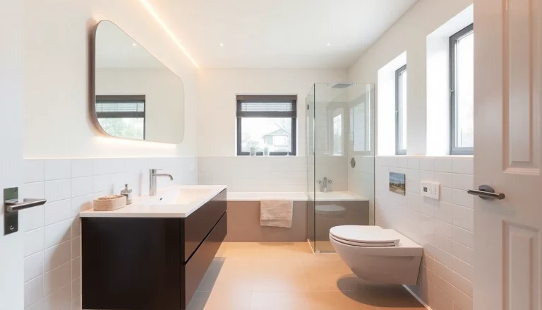Stunning bathroom renovation in Prestwich showcasing modern fixtures and a calming color scheme for a tranquil atmosphere.