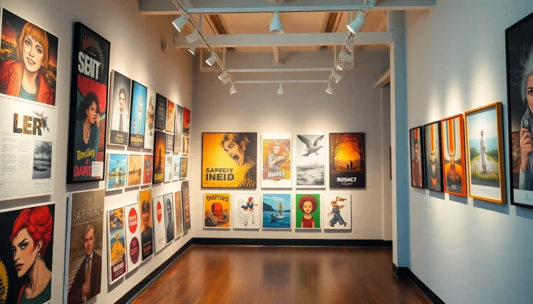 Showcasing vibrant posters and prints in a contemporary art setting.