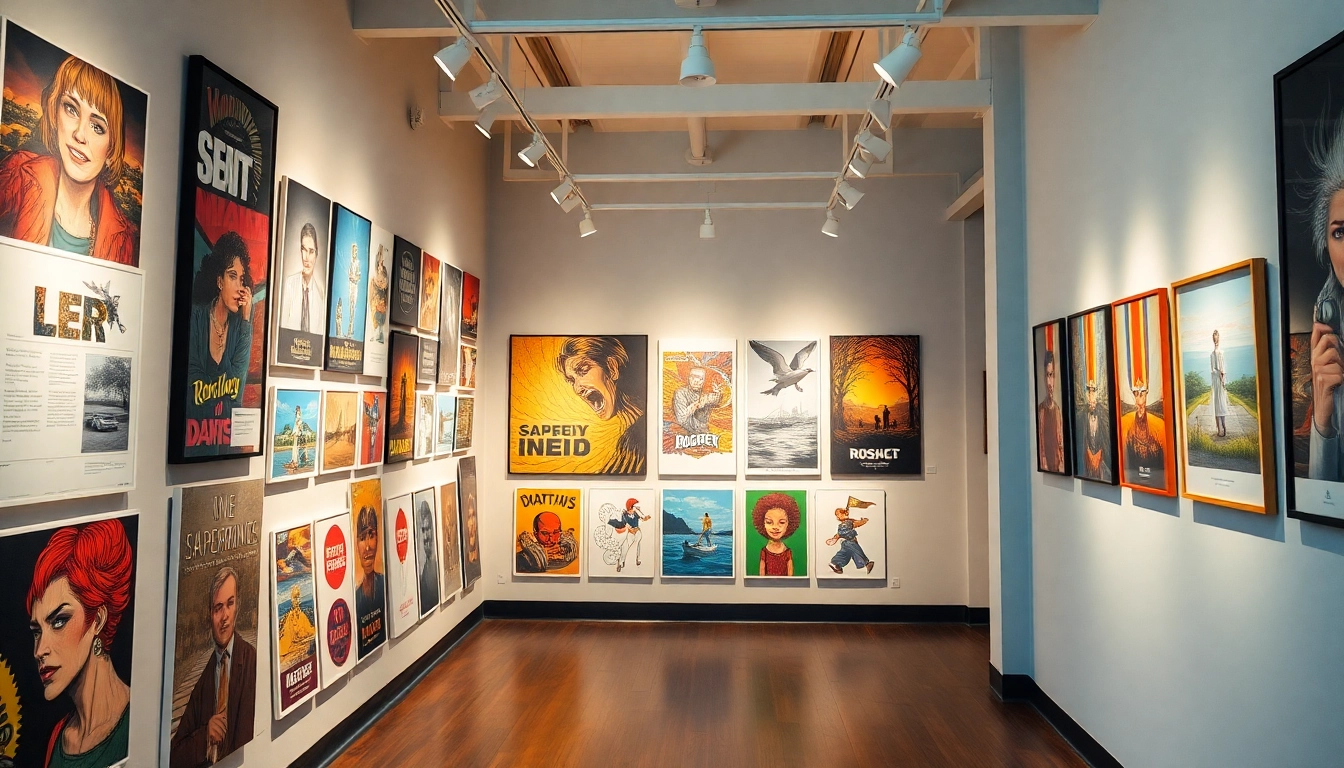 Showcasing vibrant posters and prints in a contemporary art setting.