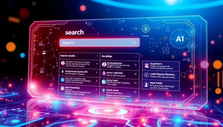 A vibrant AI search interface showcasing evolving search results with a sleek design and dynamic visuals.