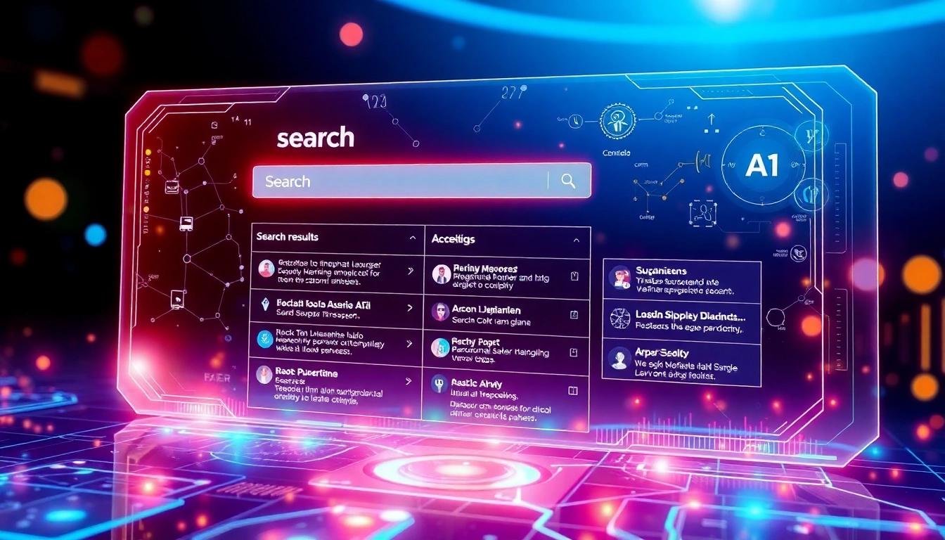 A vibrant AI search interface showcasing evolving search results with a sleek design and dynamic visuals.