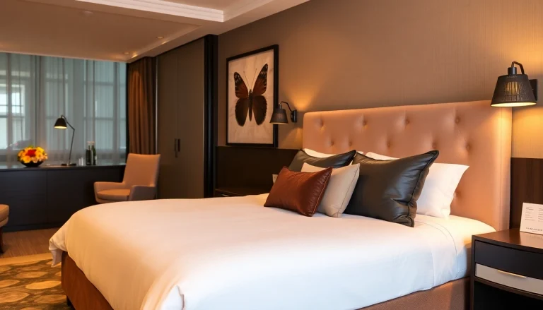 Stylish hotel bed frames showcasing a modern design with plush headboard and luxurious bedding.