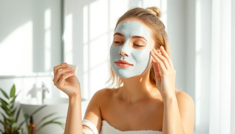 Apply a moisturizing facial mask for glowing skin, featuring a serene woman in a sunlit bathroom.