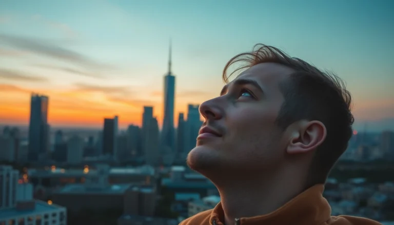 Ariel Zirkiyev contemplating over a sunset cityscape, showcasing a calm and reflective demeanor.