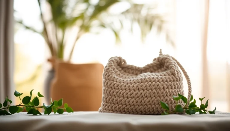 Showcase a stylish Cotton Rope Bag resting on a textured surface surrounded by greenery.