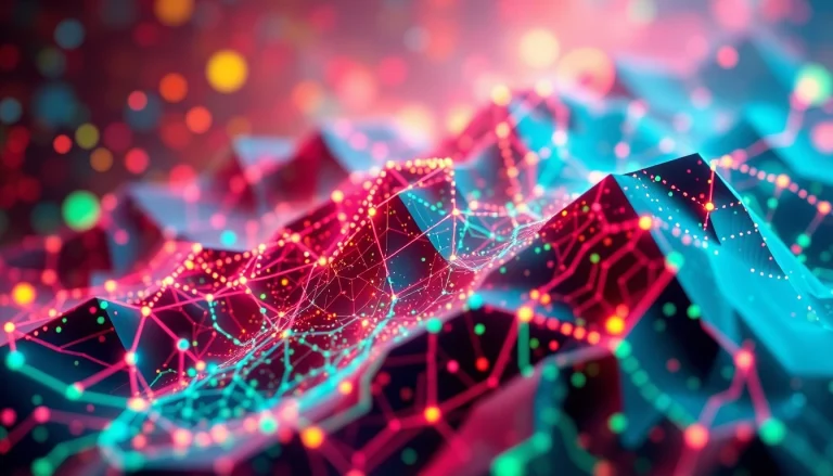 Agentic AI showcasing dynamic algorithms and digital landscapes with vibrant colors, reflecting intelligence.