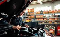 Mechanic showcasing ENEOS motor oil in a well-organized automotive workshop.