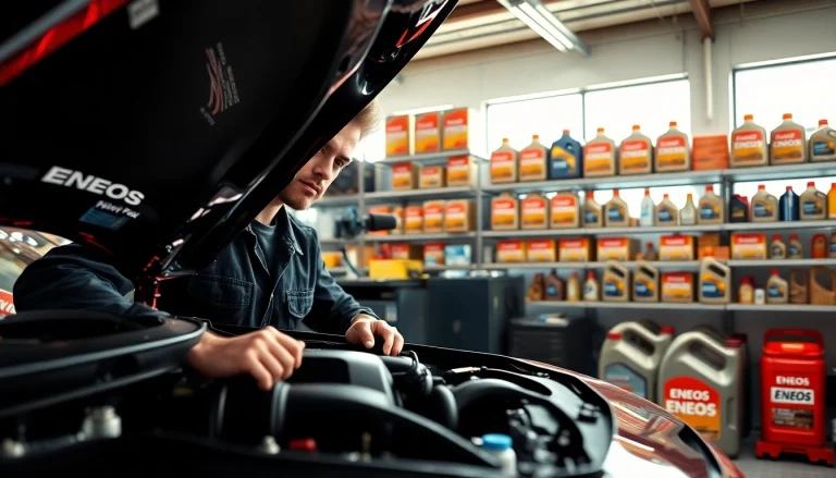 Mechanic showcasing ENEOS motor oil in a well-organized automotive workshop.