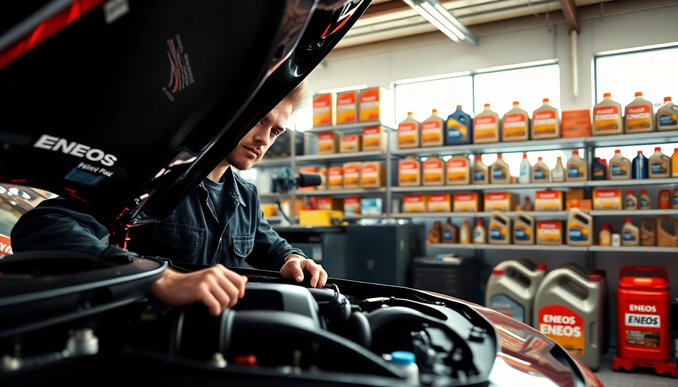 Mechanic showcasing ENEOS motor oil in a well-organized automotive workshop.