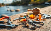 Showcasing fly fishing accessories like nippers and flies on a wooden table in a serene riverside setting.