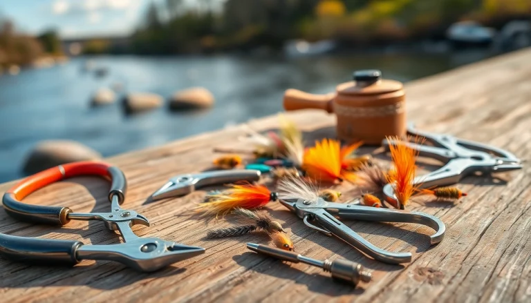 Showcasing fly fishing accessories like nippers and flies on a wooden table in a serene riverside setting.