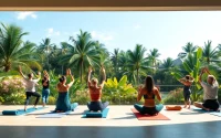 Revitalizing wellness retreat in Florida with yoga practitioners amidst lush nature.