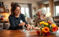 Engaging scene of austin senior home care with a caregiver assisting an elderly man in a warm home.