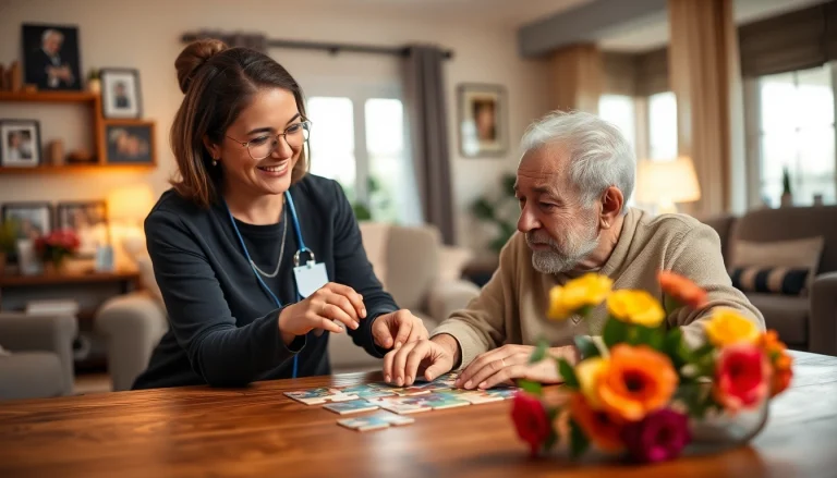 Engaging scene of austin senior home care with a caregiver assisting an elderly man in a warm home.