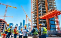 Austin construction site showcasing diverse workers collaborating on a high-rise project.