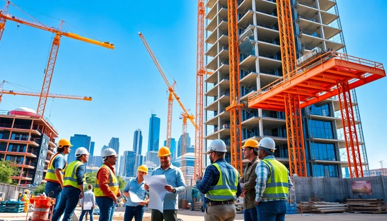 Austin construction site showcasing diverse workers collaborating on a high-rise project.