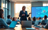 Engaging ai presentation showcased by a confident speaker in a modern conference room
