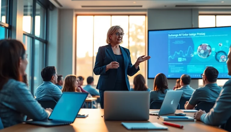 Engaging ai presentation showcased by a confident speaker in a modern conference room