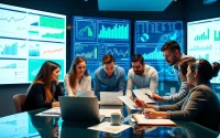 Conducting competitor analysis in a collaborative, high-tech workspace with data visualization.