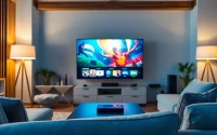 Engaging IPTV provider in UK with modern streaming setup in a cozy living room.