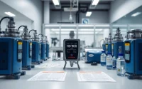 Demonstrating hydrogen detection technology through advanced gas detectors in a laboratory.