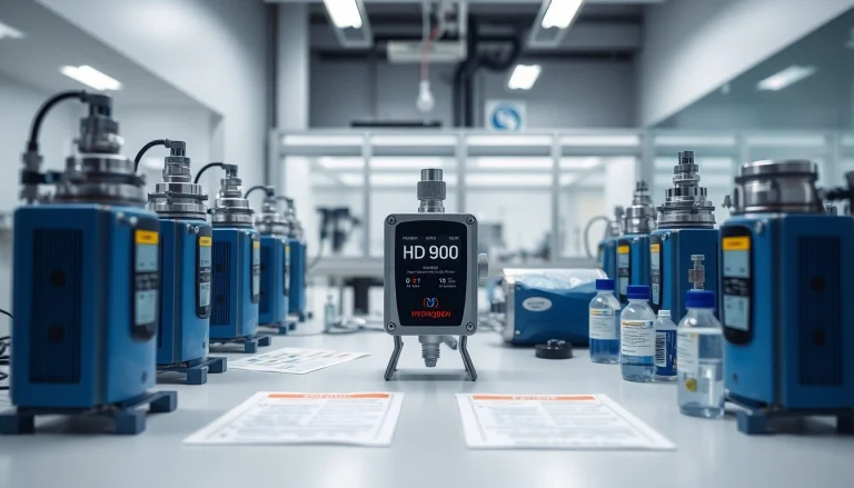 Demonstrating hydrogen detection technology through advanced gas detectors in a laboratory.