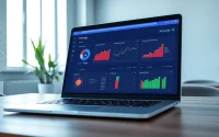 Analyze content with our AI checker interface on a sleek laptop in a bright office.