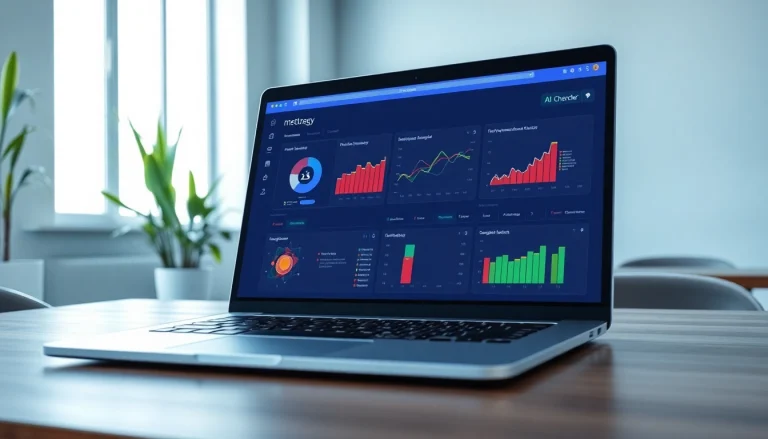 Analyze content with our AI checker interface on a sleek laptop in a bright office.