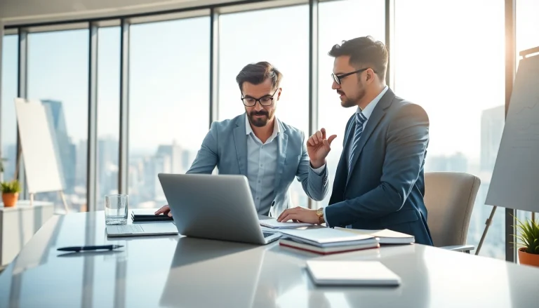 Engaging business coaching service session with a professional coach and client in a modern office.