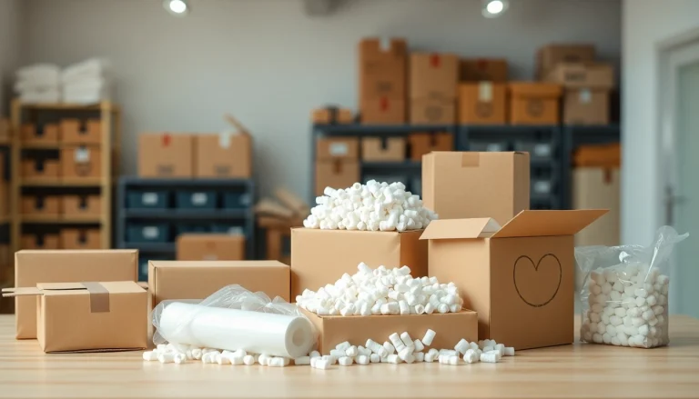 Showcasing packing materials like boxes and bubble wrap in a professional setup.