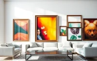 Showcasing large frames with vibrant artwork in a modern living room setting.
