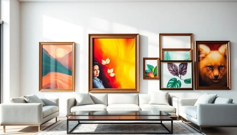 Showcasing large frames with vibrant artwork in a modern living room setting.