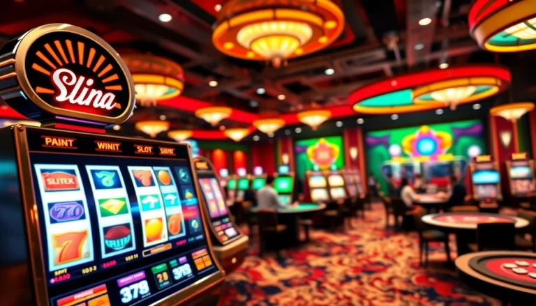 Exciting scene of internet casinos with vibrant digital slot machines and engaging gameplay elements.