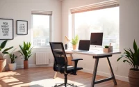 Work From Home setup with modern desk and laptop in a bright office space