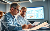 Piping stress Analysis Company engineers collaborating on stress analysis diagrams in a modern office.