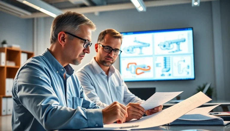 Piping stress Analysis Company engineers collaborating on stress analysis diagrams in a modern office.