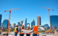 Building progress in austin construction with workers engaged on site in vibrant skyline.