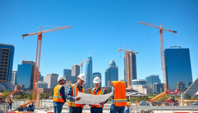 Building progress in austin construction with workers engaged on site in vibrant skyline.