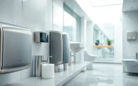 Showcase of commercial restroom supplies including hand dryers and soap dispensers in a modern restroom