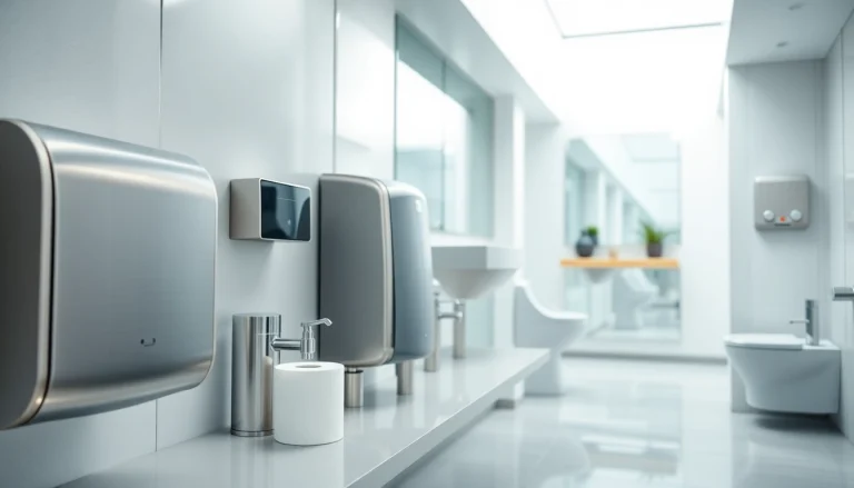 Showcase of commercial restroom supplies including hand dryers and soap dispensers in a modern restroom