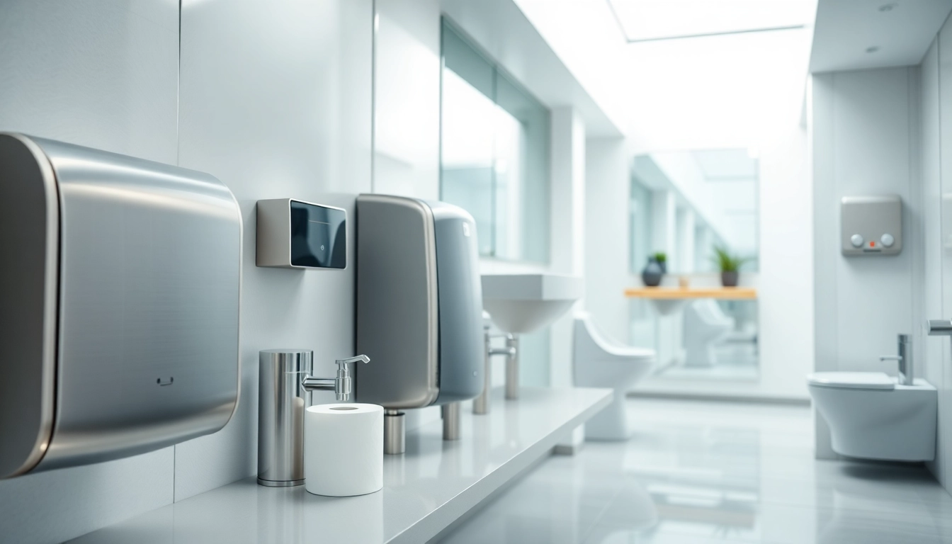 Showcase of commercial restroom supplies including hand dryers and soap dispensers in a modern restroom