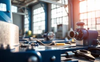 Cutting equipment arranged professionally in a modern workshop highlighting precision tools and a sleek cutting machine.