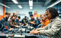 Students at a trade school in Knoxville, TN learning hands-on automotive technology skills.