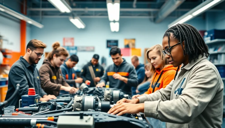 Students at a trade school in Knoxville, TN learning hands-on automotive technology skills.